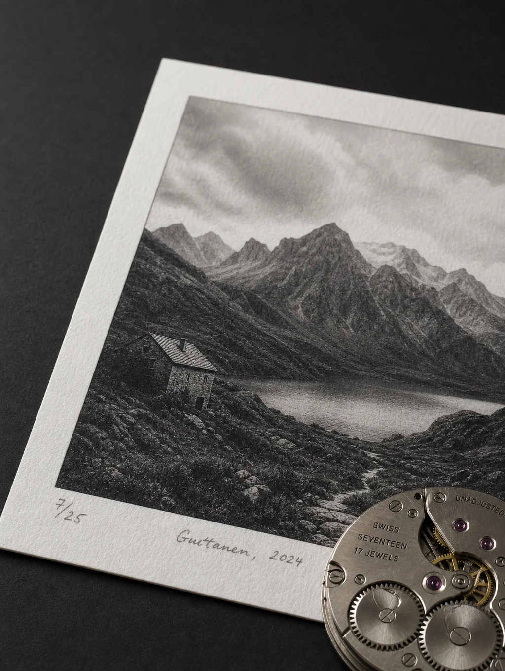 Close up of fine art landscape print on textured cotton paper