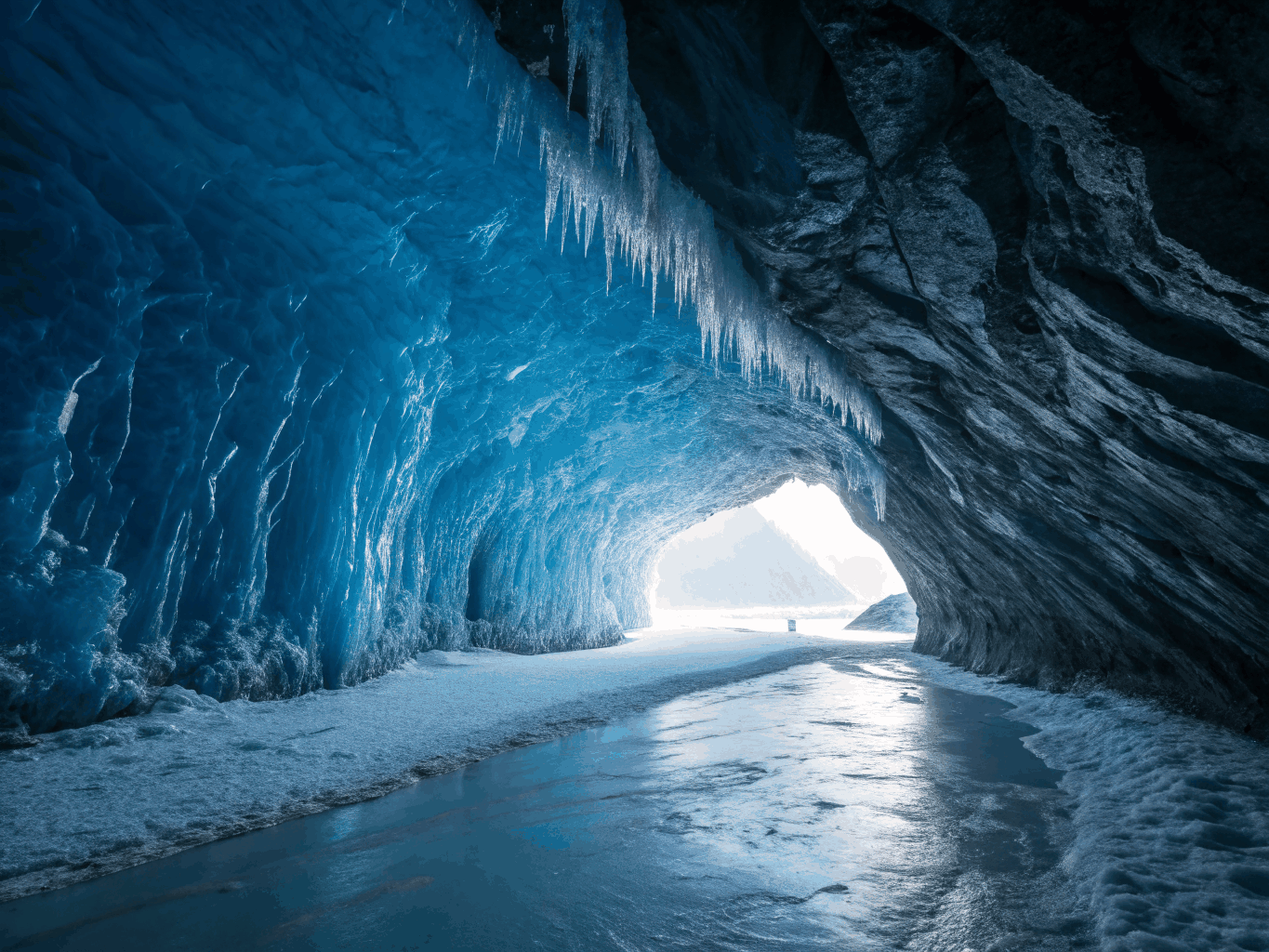 Deep blue glacial ice cave interior in Iceland