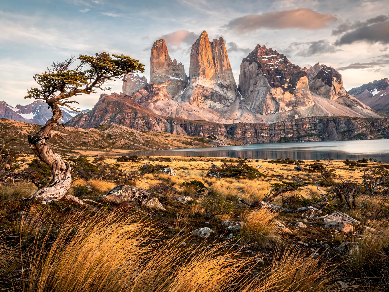 Granite spires glowing in alpine sunrise